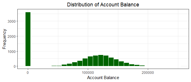 Histogram depicting the initial account balance distribution of bank customers.